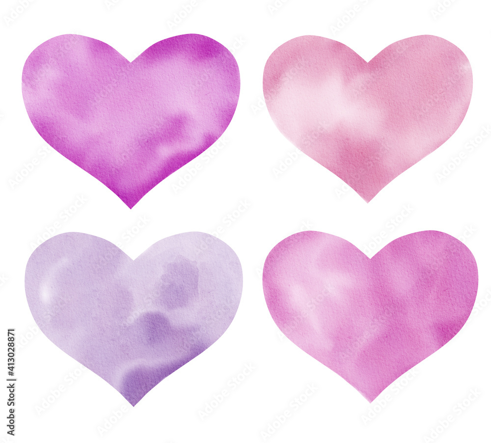 Collection of hand painted purple hearts isolated on white. Watercolor clipart.
