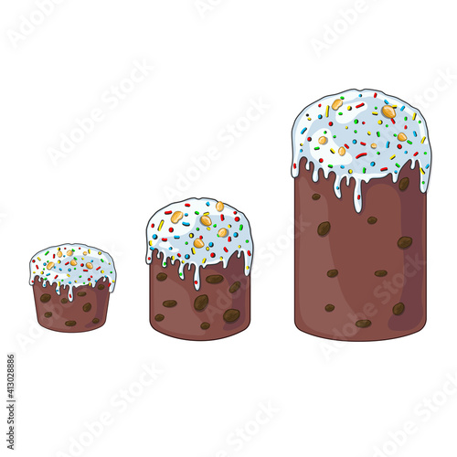 Set of 3 Easter cakes with different sizes of raisins. Stock vector illustration in cartoon style isolated on white background.