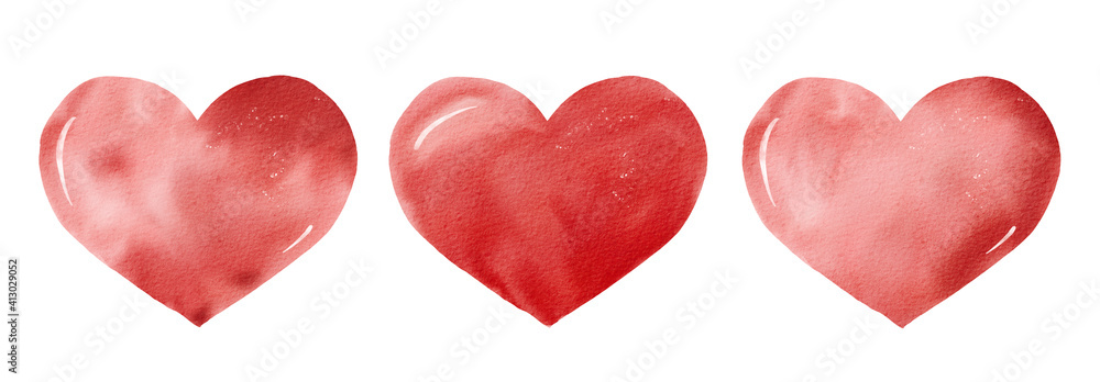 Red hearts watercolor clipart. Hand painted illustration for valentine cards, love design.