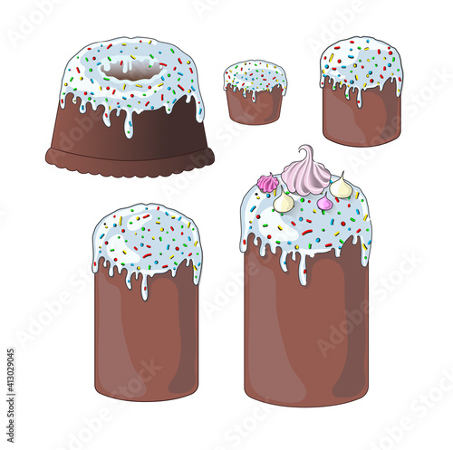 A set of 5 Easter cakes of different sizes and shapes. Stock vector illustration in cartoon style isolated on white background.