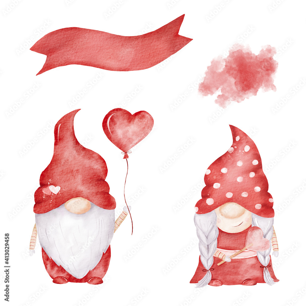 Red gnomes watercolor clipart. Love illustrations set. Graphics for valentine cards, love designs.