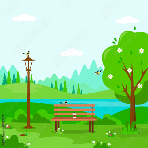 Vector illustration of spring nature with birds.