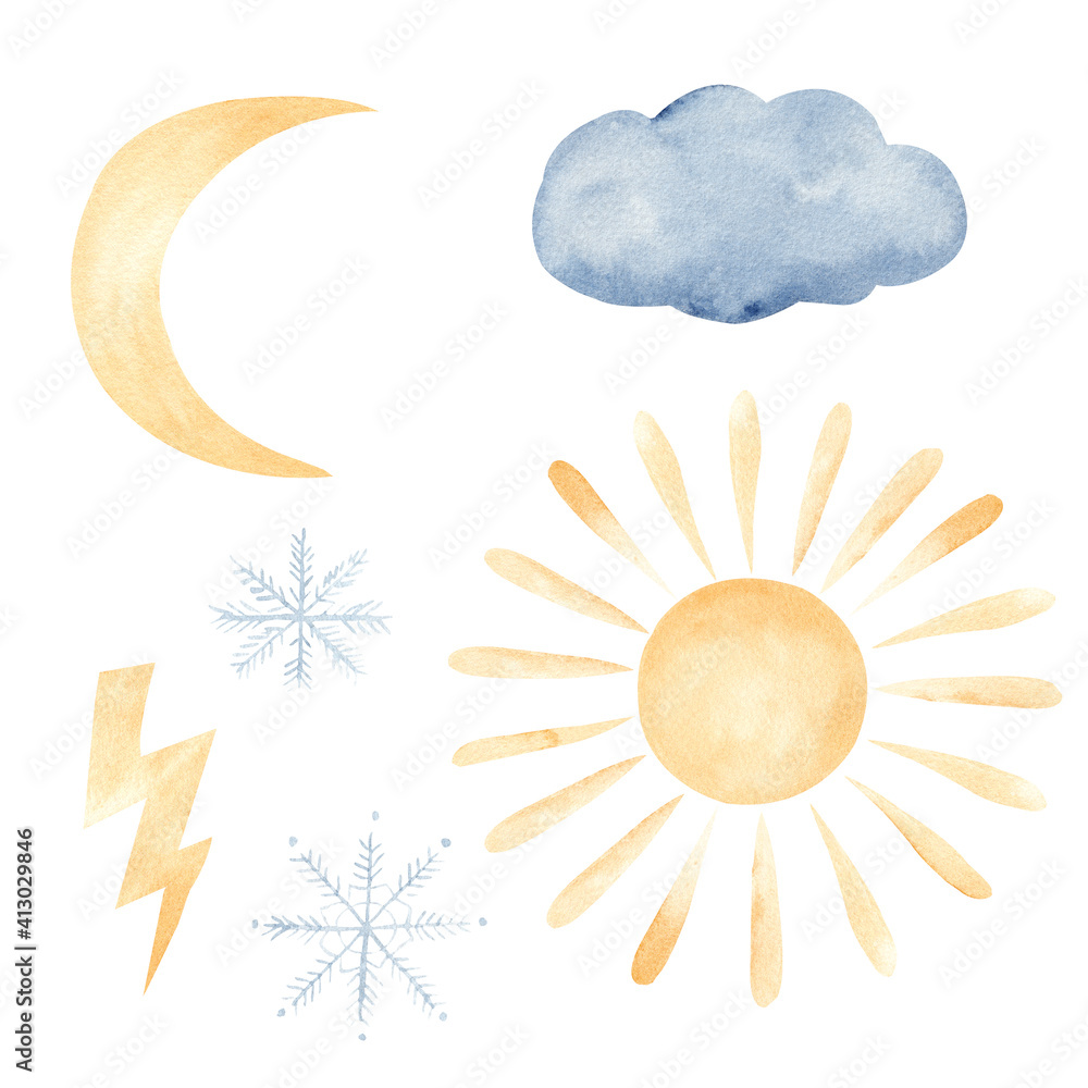 Watercolor sun, moon, cloud, lighting bolt, snowflakes. Hand painted weather elements clipart set.