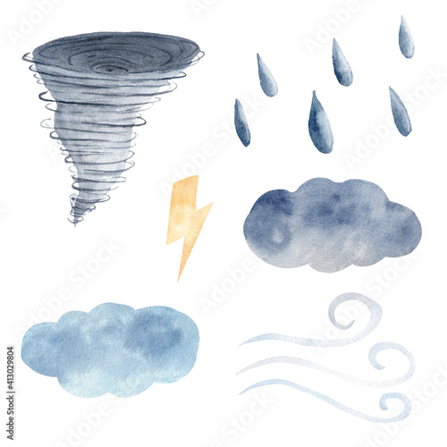 Watercolor clipart set with weather elements. Tornato, cloud, wind, lighting bolt, raindrops painting.