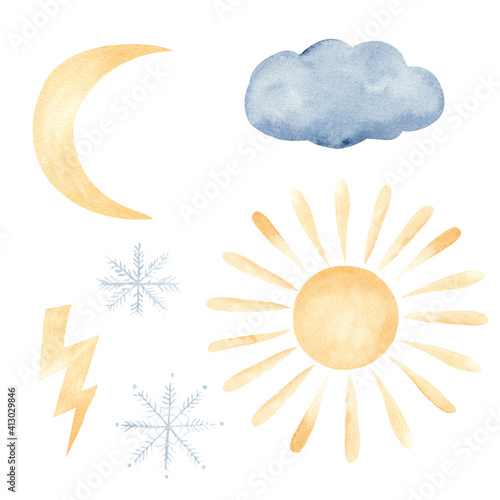 Obraz na płótnie Watercolor sun, moon, cloud, lighting bolt, snowflakes. Hand painted weather elements clipart set. w salonie