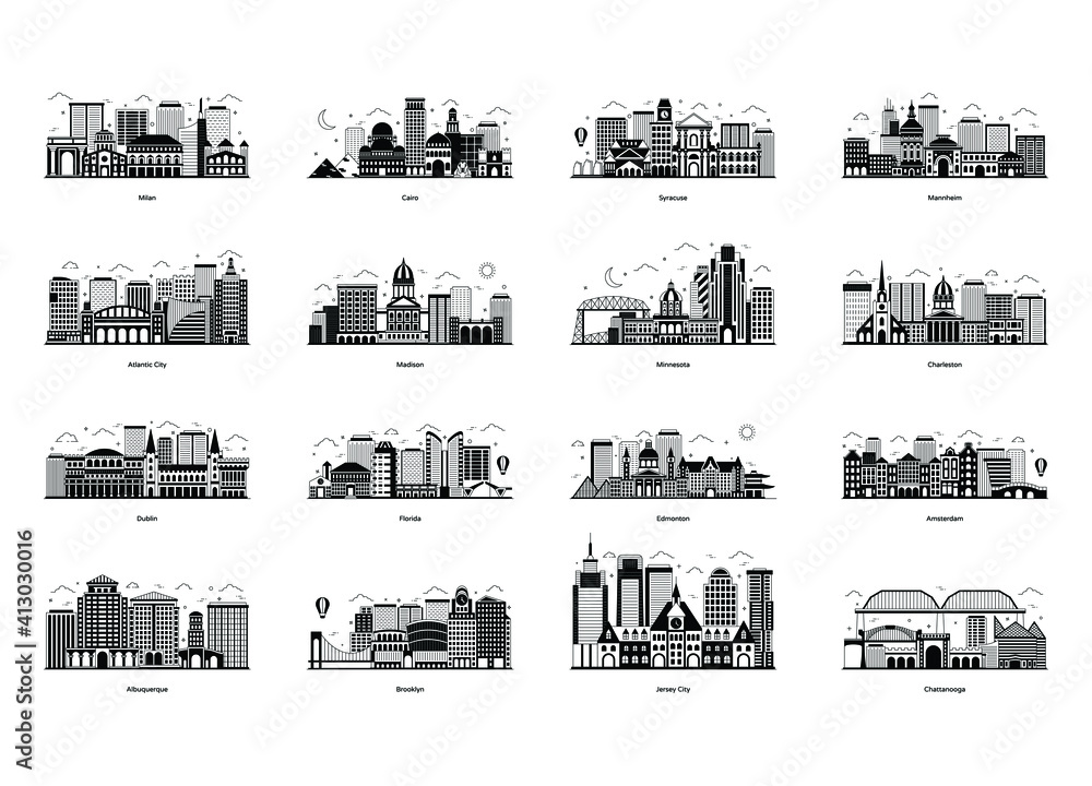 Obraz premium Pack of Buildings Architecture Glyph Illustrations