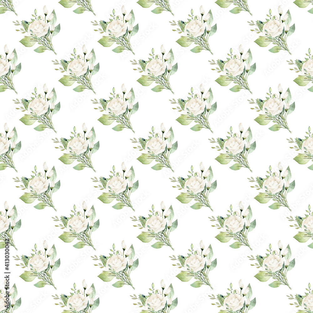 Watercolor white flower seamless pattern. Hand painted digital paper.