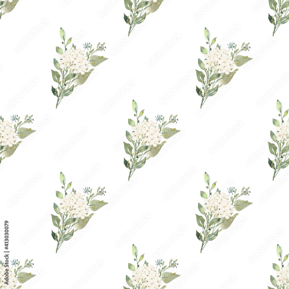 White flowers watercolor digital paper. Seamless pattern illustration.