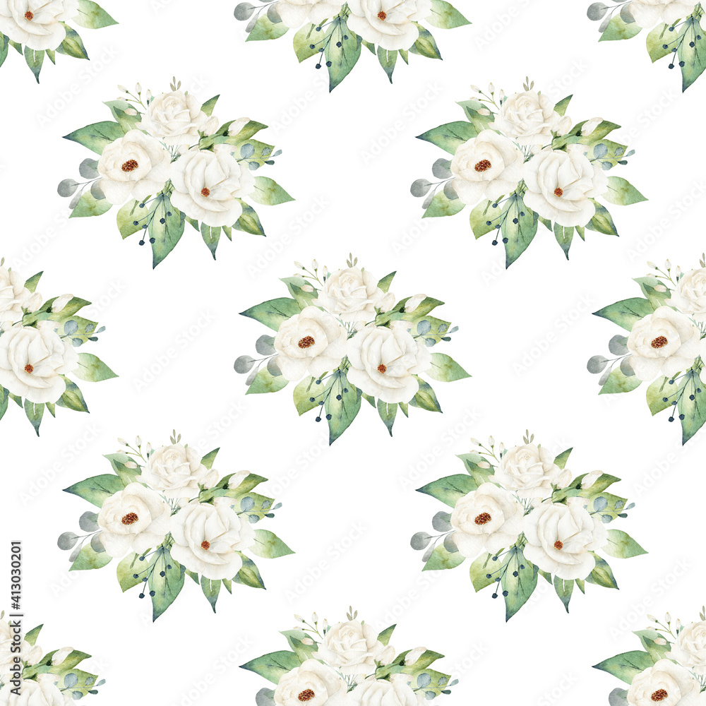 White flowers watercolor digital paper. Semless pattern clipart.