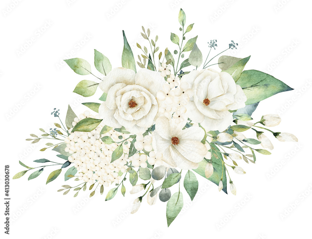 White flowers and greenery leaves bouquet watercolor clipart.