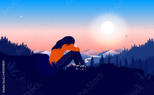 Sad woman outdoors - Girl in grief sitting with head in hands in nature landscape. Unhappy and sadness concept. Vector illustration.