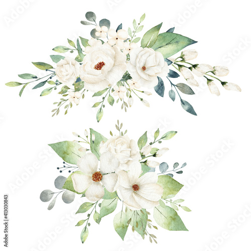 Watercolor floral clipart with white flowers and greenery leaves.