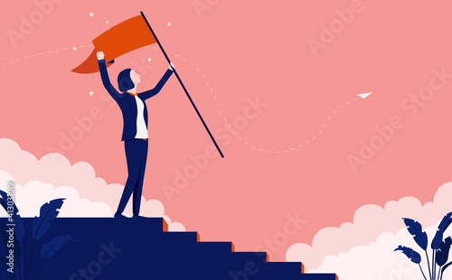 Career woman taking steps to success - climbing the corporate ladder and waving flag on top. Vector illustration.