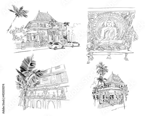 Sri Lanka. Colombo. Buddhist temple. Hand drawn vector illustration.