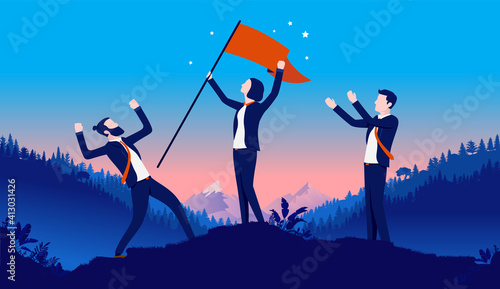 Business woman leader - Female person holding flag of victory with businessmen cheering her up. Great leadership concept. Vector illustration.