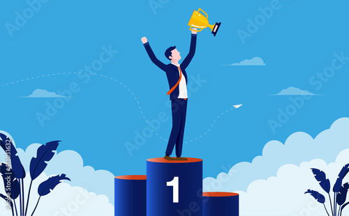 Business winner - Businessman winning first place and holding trophy in hand. Success and accomplishment concept. Vector illustration. 