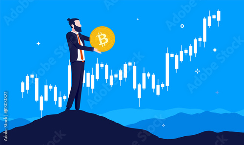 Bitcoin business - Businessman holding bitcoin in front of rising chart. Accumulation and buying crypto currency concept. Vector illustration.