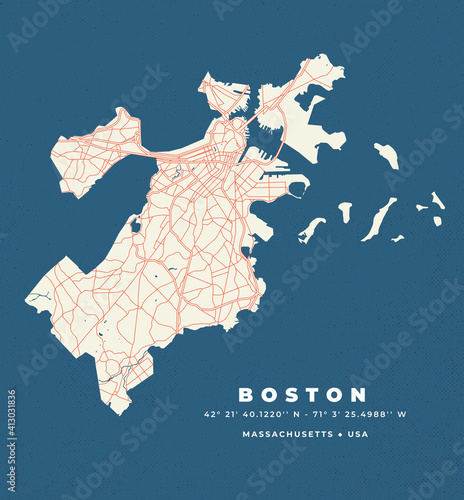 Boston map, detailed vector, Massachusetts, USA