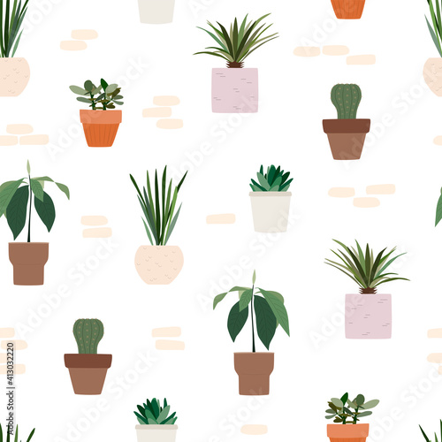 Floral seamless pattern with flowers in pots. 