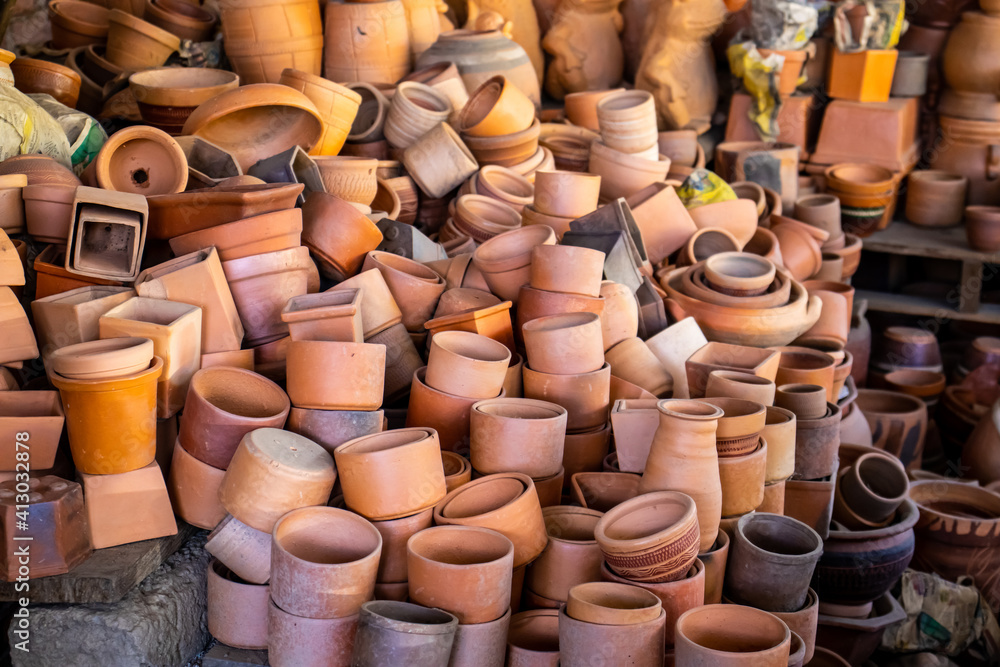 Traditional pottery in the city of Raquira. City of Pots