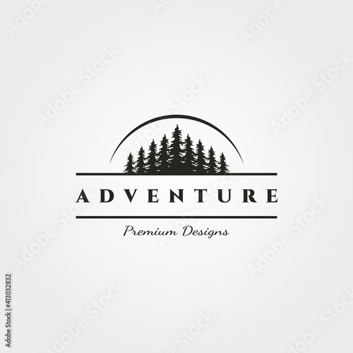 landscape pine tree logo vector minimalist with sun silhouette illustration design