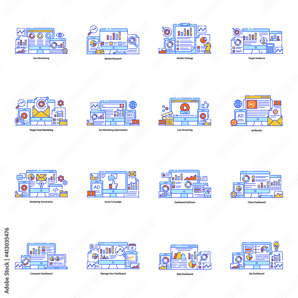 Pack of Online Analysis and Dashboard Flat Illustrations
Pack of Online Analysis and Dashboard Flat Illustrations
