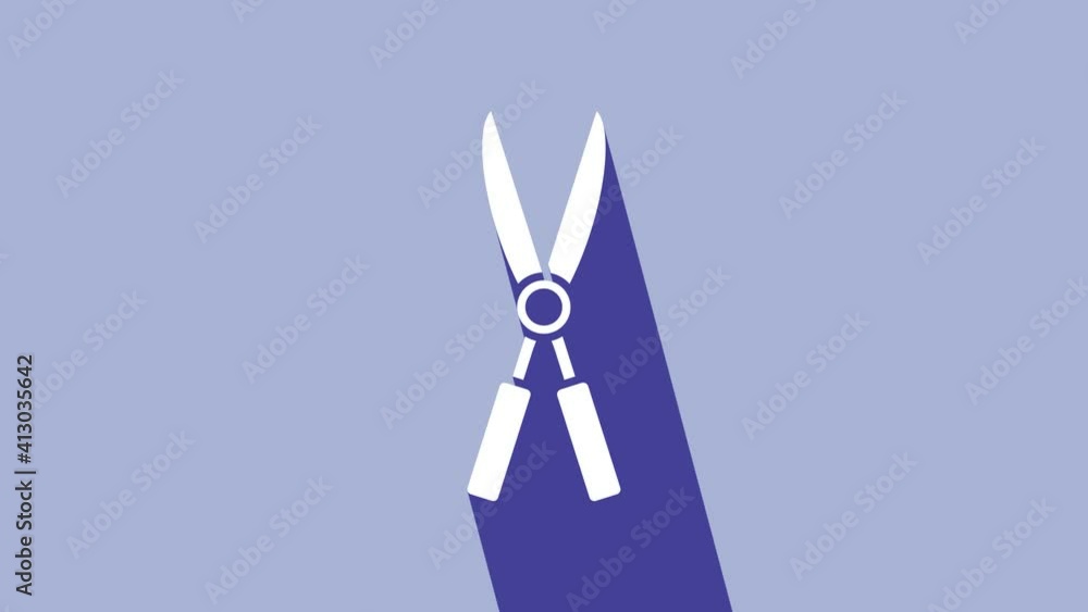 White Gardening handmade scissors for trimming icon isolated on purple background. Pruning shears with wooden handles. 4K Video motion graphic animation
