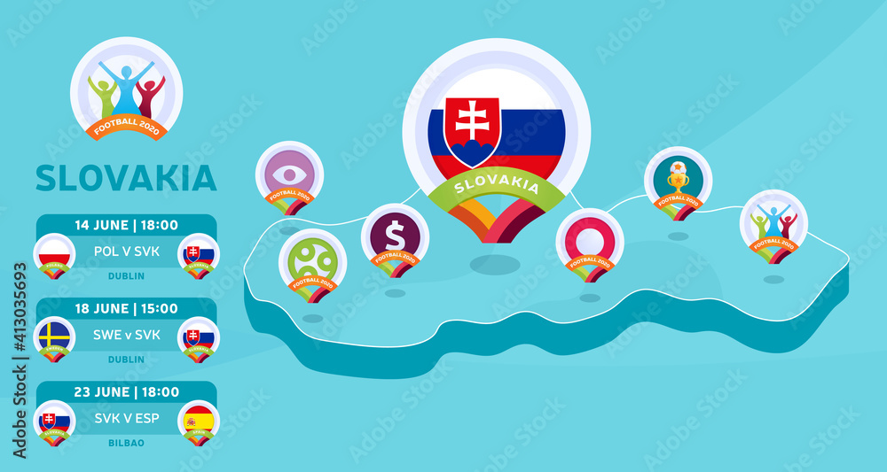 Slovakia natioanal team matches on Isometric map vector illustration. Football 2020 tournament final stage infographic and country info. Official championship colors and style