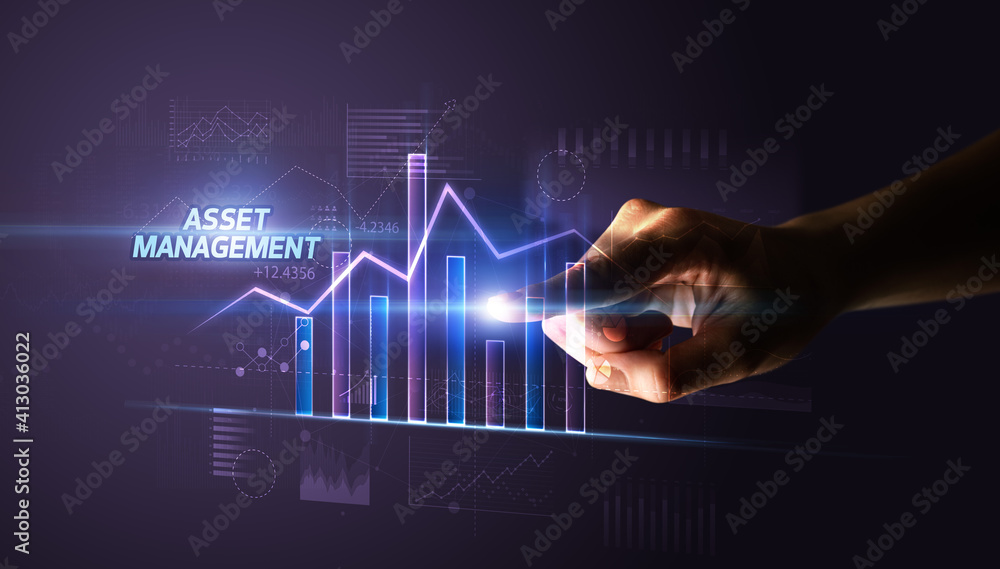 Hand touching ASSET MANAGEMENT button, business concept Hand touching ASSET MANAGEMENT button, business concept