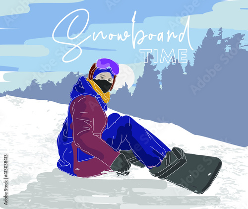 snowboard time Winter extreme sports background with snowboarding man illustration