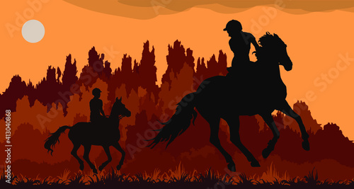 girl rides horse in field, on grass, isolated image, black isolated silhouette on orange background, forest, clouds