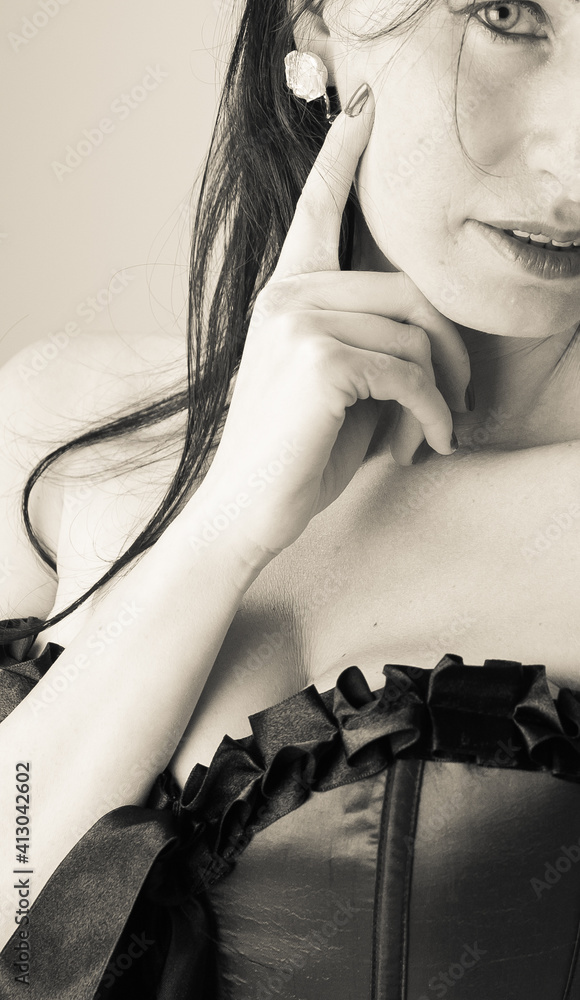 Close-up of face of gothic woman, black and white portrait Close-up of face of gothic woman, black and white portrait