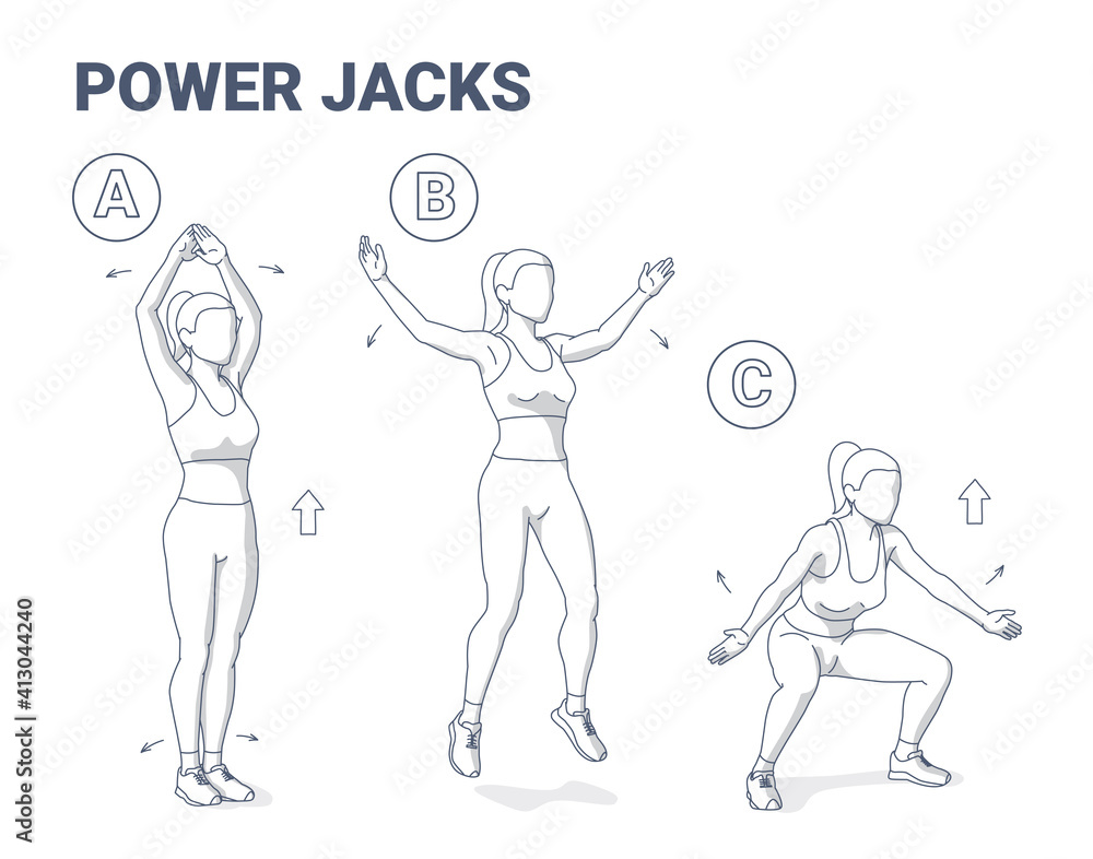 Power Jacks Exercise Girl Home Workout Guidance. Young Woman in Sportswear Power Jumps illustration. Power Jacks Exercise Girl Home Workout Guidance. Young Woman in Sportswear Power Jumps illustration.