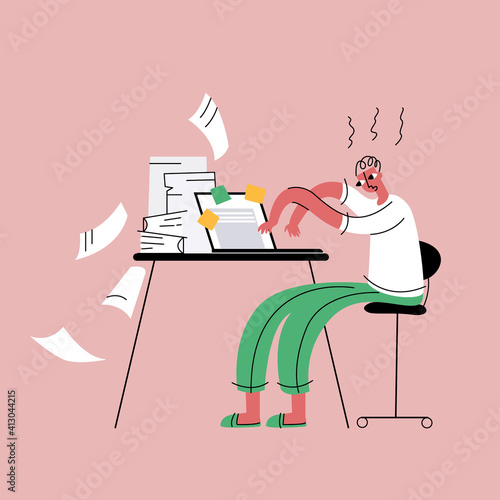 Vector isolated simplified illustration of tired man working at home online, at laptop. Concept remote work, deadline, burnout, stress.