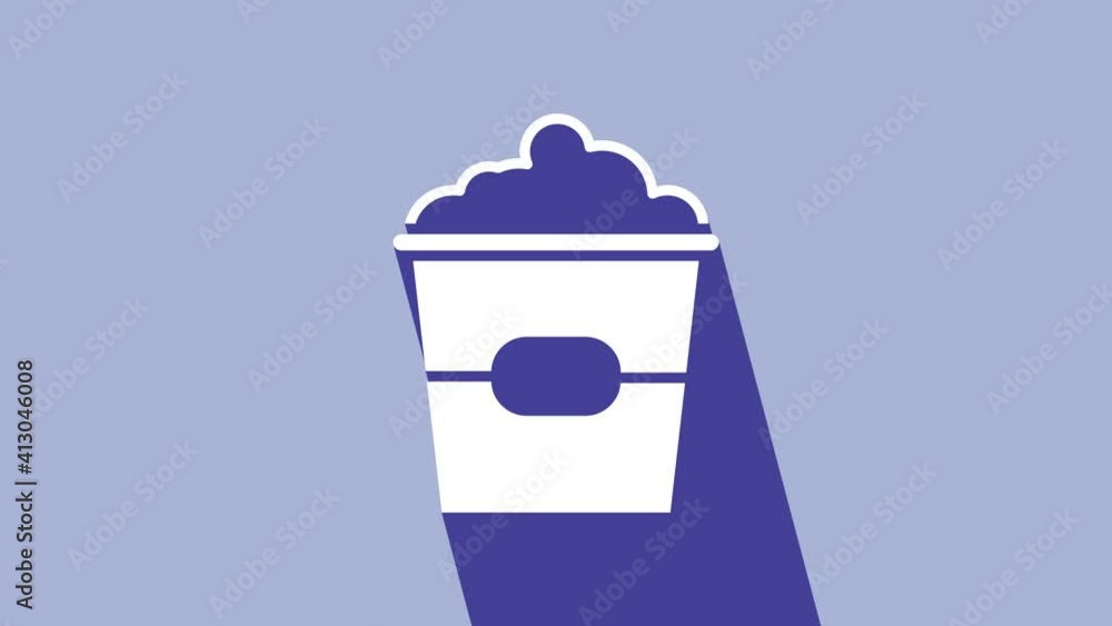 White Popcorn in cardboard box icon isolated on purple background. Popcorn bucket box. 4K Video motion graphic animation White Popcorn in cardboard box icon isolated on purple background. Popcorn bucket box. 4K Video motion graphic animation
