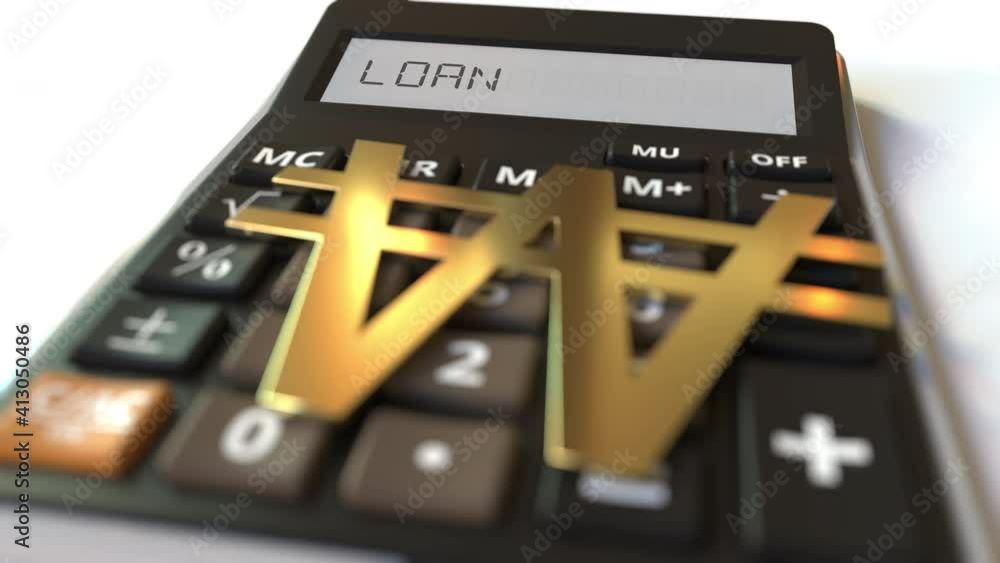 LOAN text on calculator display and won currency symbol. Conceptual 3d animation LOAN text on calculator display and won currency symbol. Conceptual 3d animation