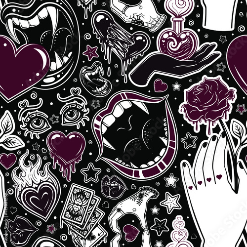 Vector Black and White Love Tattoo Seamless Pattern
