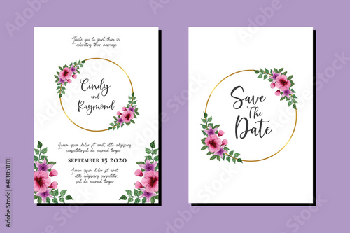 Wedding invitation frame set, floral watercolor hand drawn Hollyhock Flower design Invitation Card Template © Vectorcome