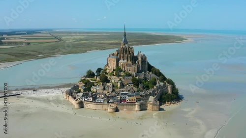 Flight over fascinating  Mont Saint-Michel island in France