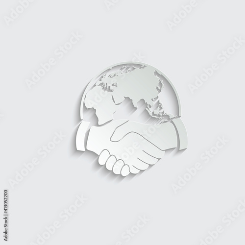 Paper handshake vector business icon. Globe handshake 
