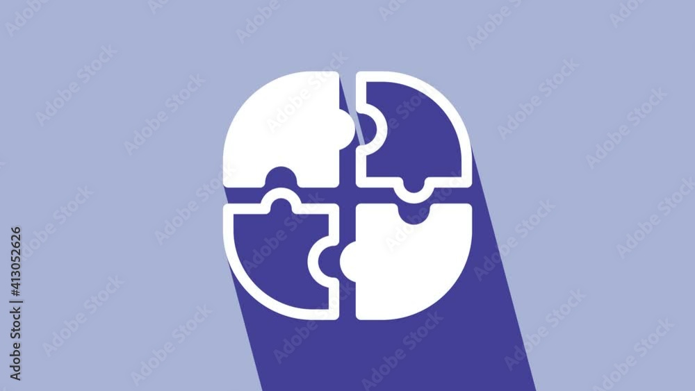White Piece of puzzle icon isolated on purple background. Business, marketing, finance, template, layout, infographics, internet concept. 4K Video motion graphic animation