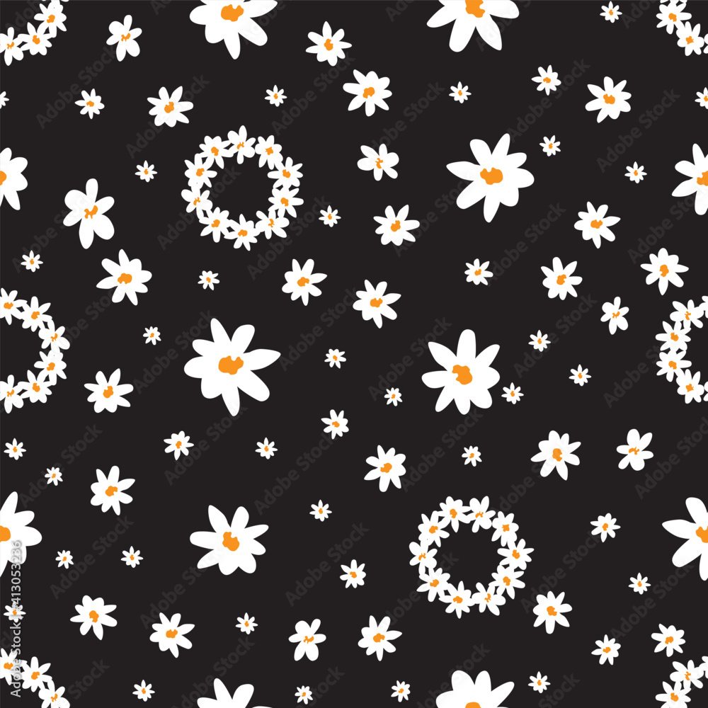 Vector black scattered small fun daisy chain flowers repeat pattern. Suitable for textile, gift wrap and wallpaper. Vector black scattered small fun daisy chain flowers repeat pattern. Suitable for textile, gift wrap and wallpaper.