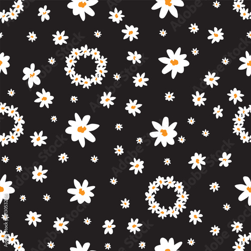 Vector black scattered small fun daisy chain flowers repeat pattern. Suitable for textile, gift wrap and wallpaper.