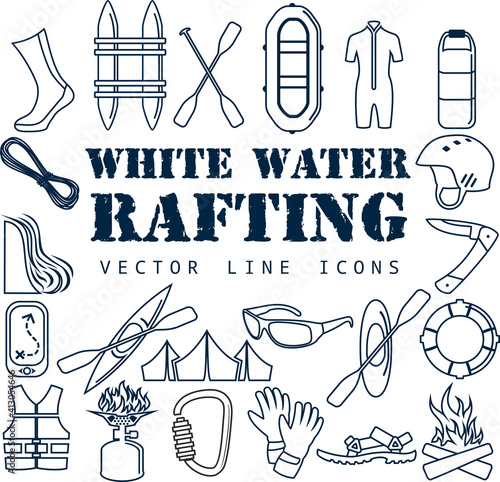 Vector set of Thin line Icons - white water rafting travel objects