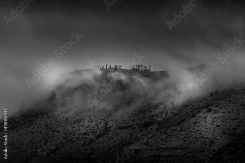 Black and white photo of the mountains. Landscape view in Serra de Aire, Portugal
