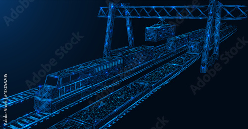 Freight railway station. The point of exchange of cargo between trains. A hydraulic lift moves the container to another train. Low-poly construction. Blue background