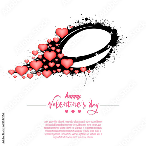 Happy Valentines Day. Flying abstract rugby ball made from blots and hearts by milky way. Grunge style. Pattern for banner, poster, greeting card, party invitation. Vector illustration