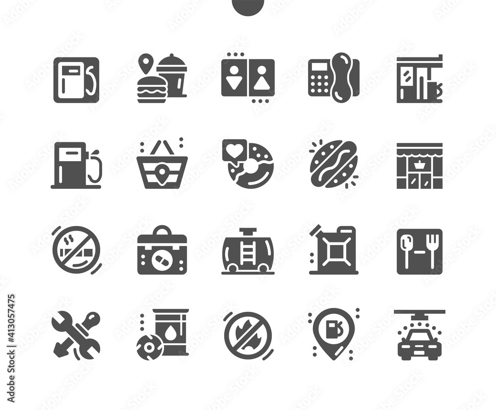 Gas station. Barrel of gasoline. Car wash services. Transport, repairs, energy, industry, benzine, gasoline, service, diesel. Vector Solid Icons. Simple Pictogram