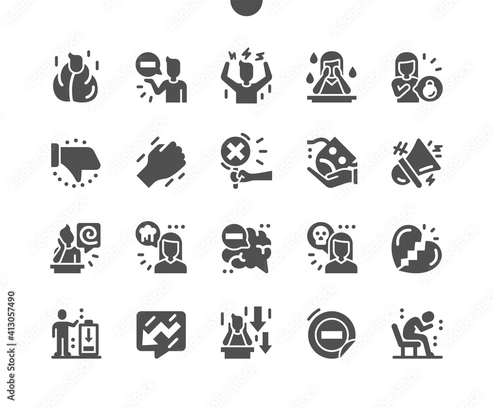 Negative thinking. Depression, aggression, sadness, experiences. Thoughts of death. Broken heart. Stress, angry, hate, mood, mad, furious. Vector Solid Icons. Simple Pictogram