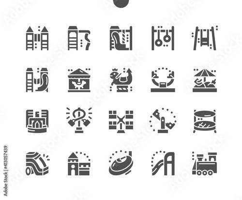 Playground. Childrens play complex. Carousel, sandbox, trampoline and attraction train. Entertainment, garden, playing, game. Vector Solid Icons. Simple Pictogram
